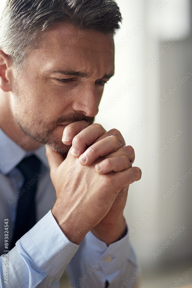 Business man, stress and office with thinking and pray hands from debt and bankruptcy. Broker, financial and stock market crash at work with tired, fatigue and depressed employee with job mistake Business man, stress and office with thinking and pray hands from debt and bankruptcy. Broker, financial and stock market crash at work with tired, fatigue and depressed employee with job mistake