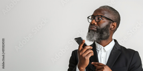 Thoughtful businessman with smartphone. A reflective professional in formal attire, ideal for corporate communications, innovation concepts, and technologyrelated marketing campaigns photo