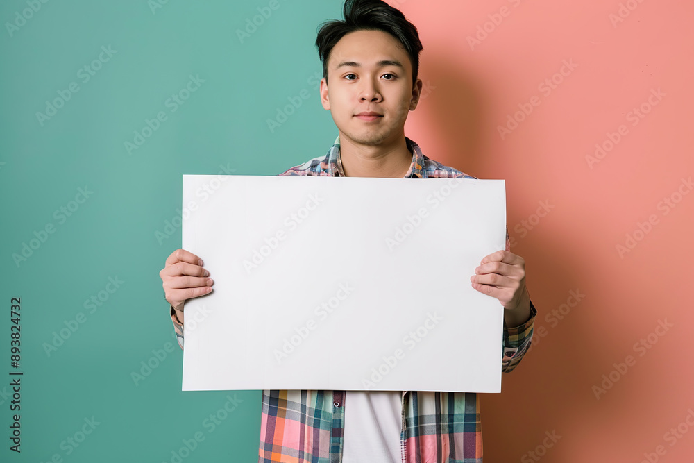 Portrait of happy man with white blank signboard Portrait of happy man with white blank signboard