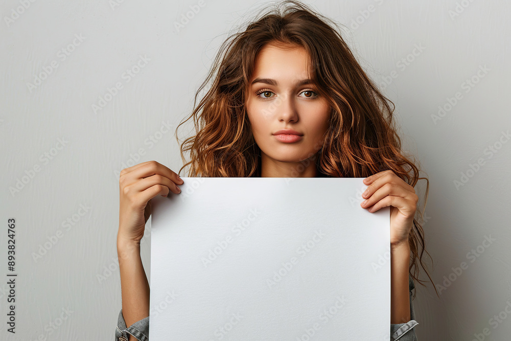 Portrait of happy woman with white blank signboard Portrait of happy woman with white blank signboard