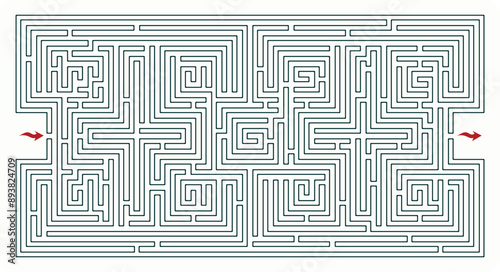 Complex labyrinth (maze) vector. Labyrinth game illustration. rectangular shape