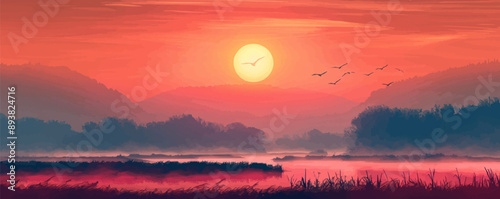 A radiant sunrise over a misty marsh with birds flying overhead. Vector flat minimalistic isolated illustration.