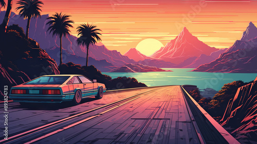Car ride on the morning road in 80s retro synthwave or 00s vaporwave style.
