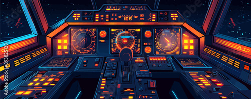 Spaceship cockpit with futuristic controls. Vector flat minimalistic isolated illustration.