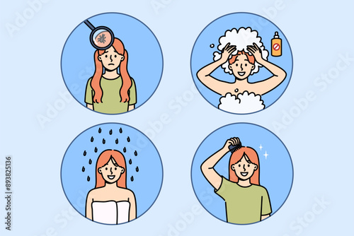 Girl with lice in hair uses medicated shampoo while showering to get rid of parasites. Step-by-step plan for getting rid of lice, child quickly cured of pediculosis with help of pharmacological agent