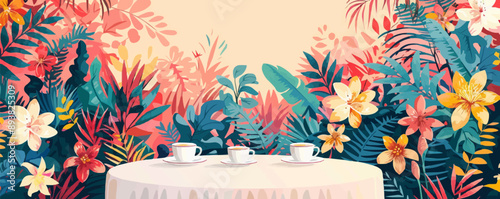 A whimsical garden party with tables set with tea cups and floral arrangements. Vector flat minimalistic isolated