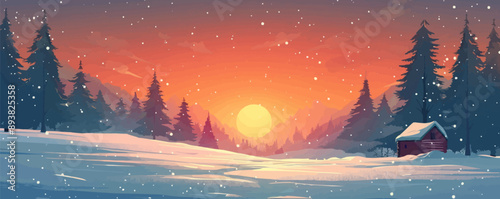 A radiant sunset over a snowy landscape with pine trees and a log cabin in the distance. Vector flat minimalistic isolated illustration.