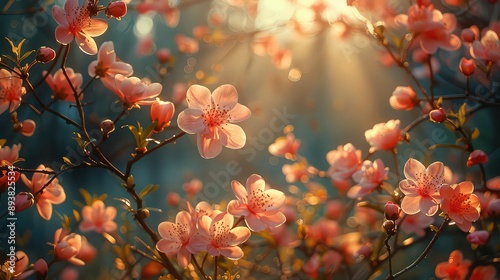 cherry blossom in spring with sun light and lens flare nature background