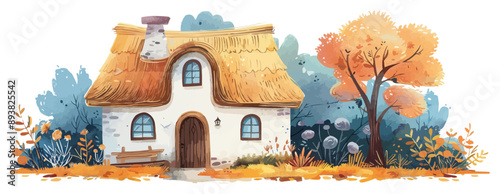 Whimsical fairytale cottage with thatched roof Vector flat minimalistic isolated illustration