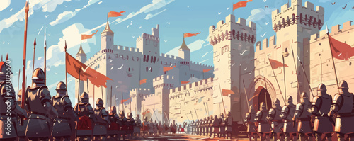 Medieval castle courtyard with knights in shining armor. Vector flat minimalistic isolated illustration.