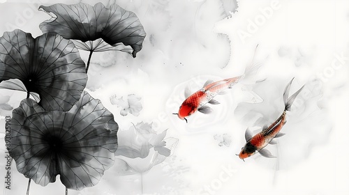 Fototapeta Naklejka Na Ścianę i Meble -  Two Koi Fish in a Water Lily Pond