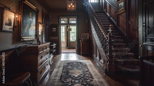 A beautifully designed vintage hallway showcasing elegant wooden details, an ornate staircase, and classic artwork, exuding a timeless charm. 