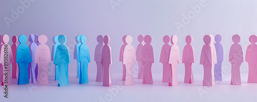 Abstract illustration of a pink figures of women and blue figures of men cutting from paper on light background.