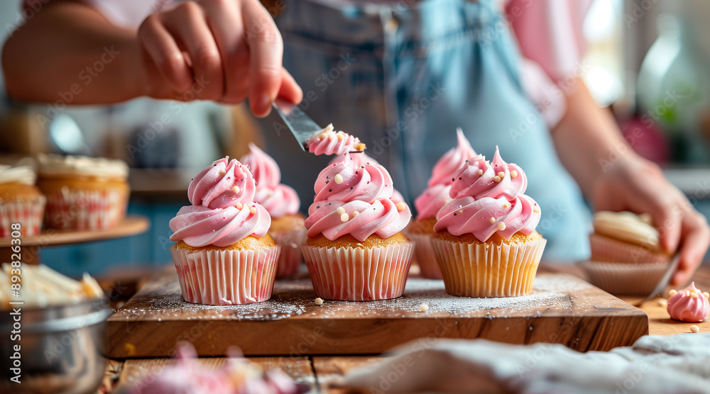 A baker making pink cupcakes. Sugar icing for tasting events for cupcake lovers. A baker making pink cupcakes. Sugar icing for tasting events for cupcake lovers.