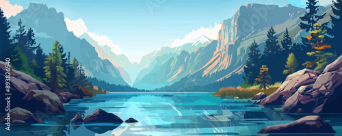 Serene mountain landscape with rocky cliffs and a clear stream Vector flat minimalistic isolated illustration