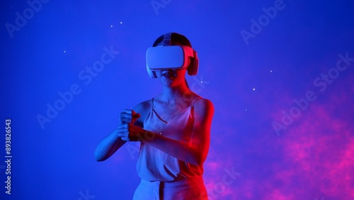 Woman player using VR transfer to fantastic metaverse fencing game box material neon by sword laser fantasy gaming space with lighting bokeh on blue smoke in meta 3D cyberspace world. Hallucination.