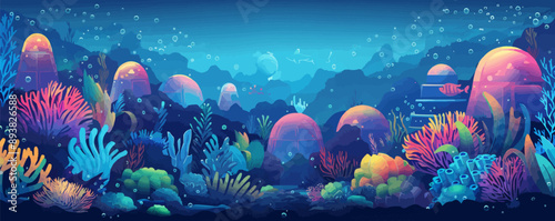 A mystical underwater city with domed buildings and underwater gardens. Vector flat minimalistic isolated illustration.