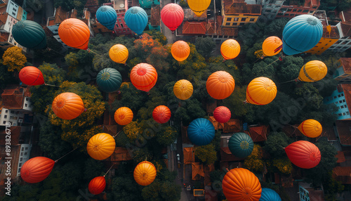 Vista Cinemática Realista de Cima do Boulevard com Incontáveis Bolas Gigantes Coloridas Flutuantes IA photo