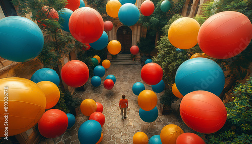 Vista Cinemática Realista de Cima do Boulevard com Incontáveis Bolas Gigantes Coloridas Flutuantes IA