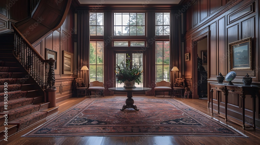 A luxurious and elegantly designed foyer featuring rich wooden paneling, a grand staircase, and decorative furnishings, creating an inviting atmosphere. 