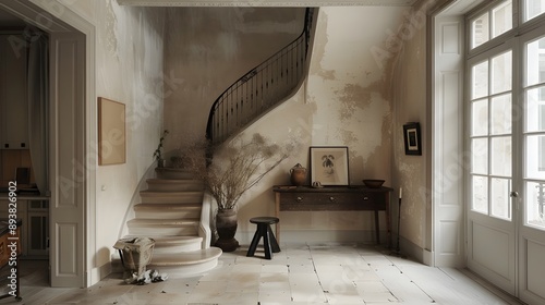 A beautifully styled, vintage-inspired interior featuring a winding staircase, rustic decor, and natural elements that evoke a sense of warmth and understated elegance. 