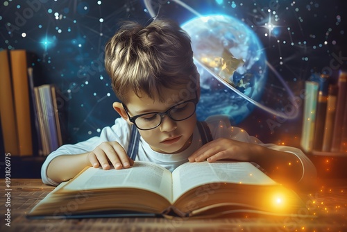 Young boy reading book with glowing earth and stars in the background. Generative AI photo