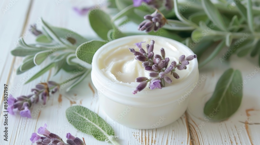 Sage herbal flower face cream on white wooden table Sage herbal flower face cream on white wooden table