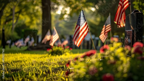 a moving picture depicts a moment of pride and remembrance for the country, showing American flags arranged at each grave in a war veterans' memorial park