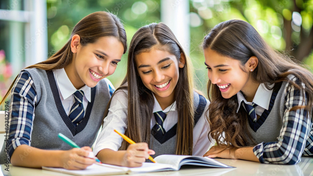 Three Schoolgirls Collaborate on a Tablet in a Sunny Outdoor Setting, three happy school girls are doing their work together. the concept of Three Schoolgirls Collaborate on a Tablet in a Sunny Outdoor Setting, three happy school girls are doing their work together. the concept of