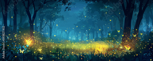 Enchanted forest glade with glowing fireflies Vector flat minimalistic isolated illustration