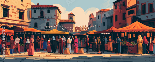 Medieval marketplace with vendors and stalls Vector flat minimalistic isolated illustration