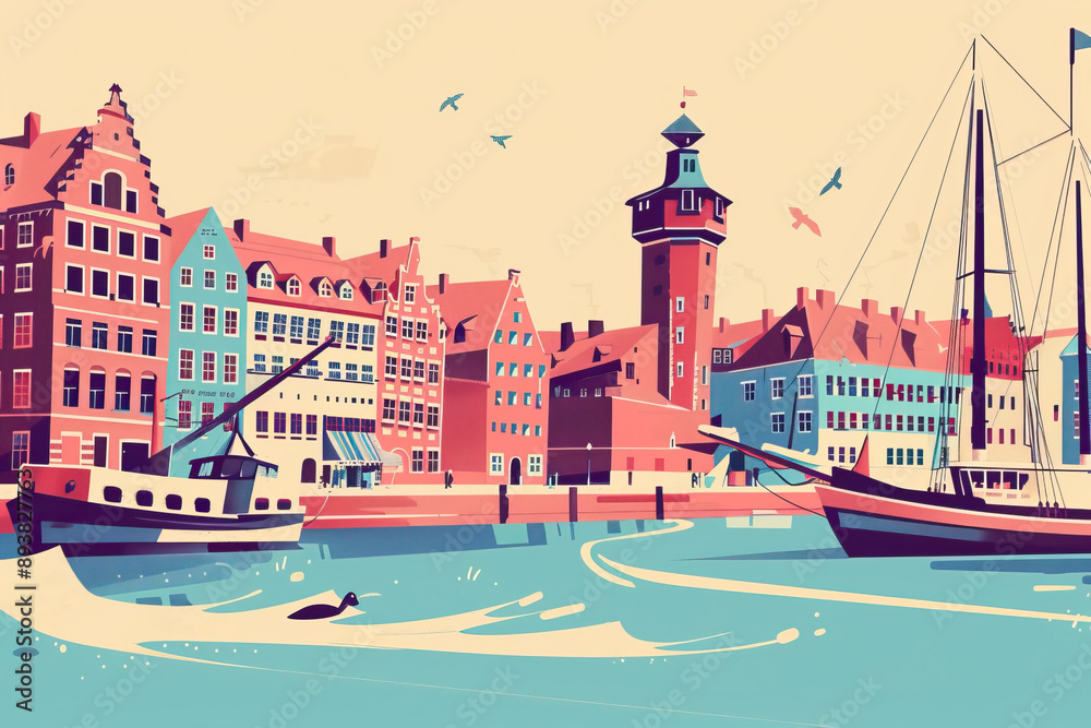 Obraz premium Risograph stencilled riso print travel poster, card, wallpaper or banner illustration, modern, isolated, clear, simple of Gdańsk, Poland. Artistic, screen printing, graphic design