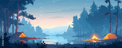 A serene lakeside campground with tents pitched beneath towering trees and a crackling campfire. Vector flat minimalistic isolated illustration.