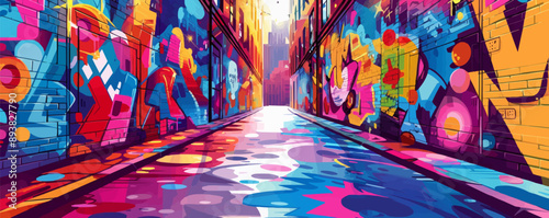 Urban graffiti alley with vibrant street art Vector flat minimalistic isolated illustration
