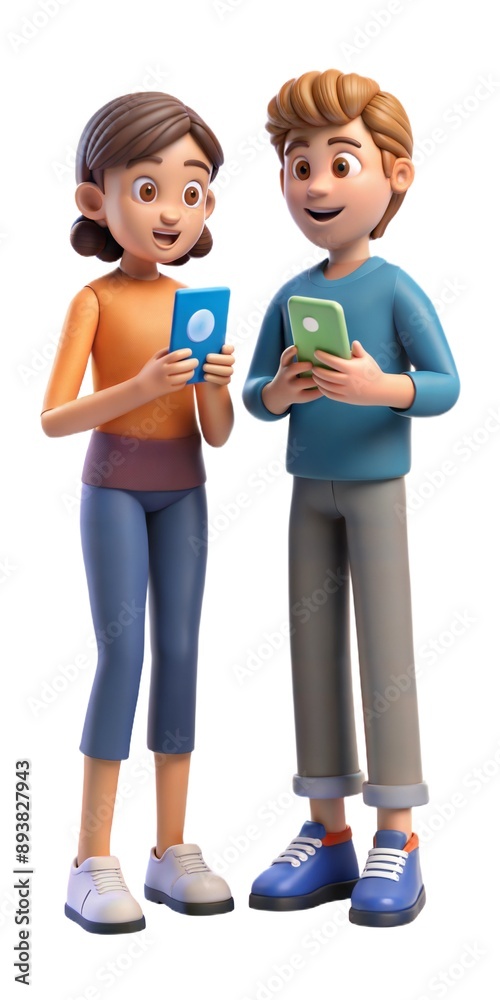 Fototapeta premium Two young people communicate while holding smartphones.