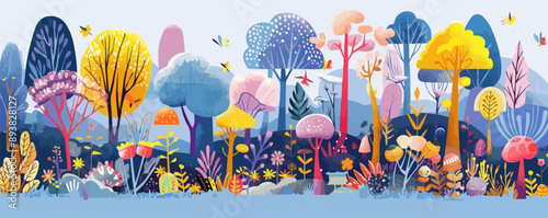 Enchanted forest with towering trees and magical creatures Vector flat minimalistic isolated illustration