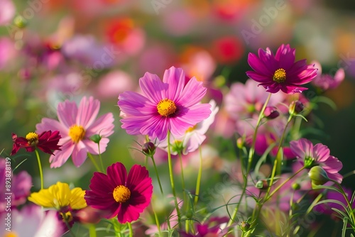 Closeup of Pink and Yellow Cosmos Flowers in a Field