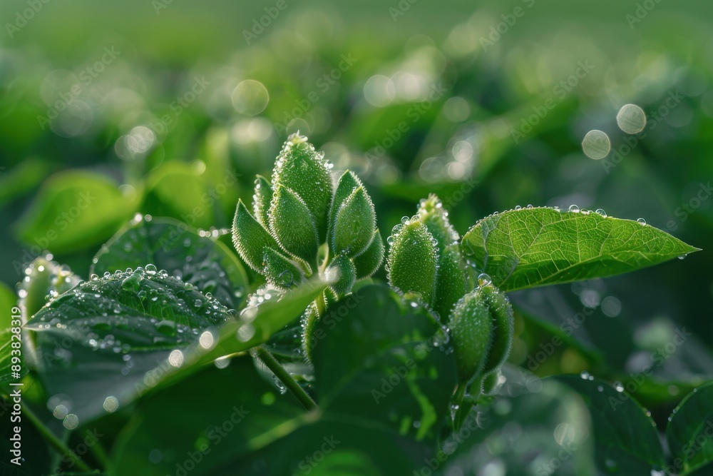 Сluster of unripe green soybean pods, covered in fresh morning dew, against a vibrant green background Сluster of unripe green soybean pods, covered in fresh morning dew, against a vibrant green background