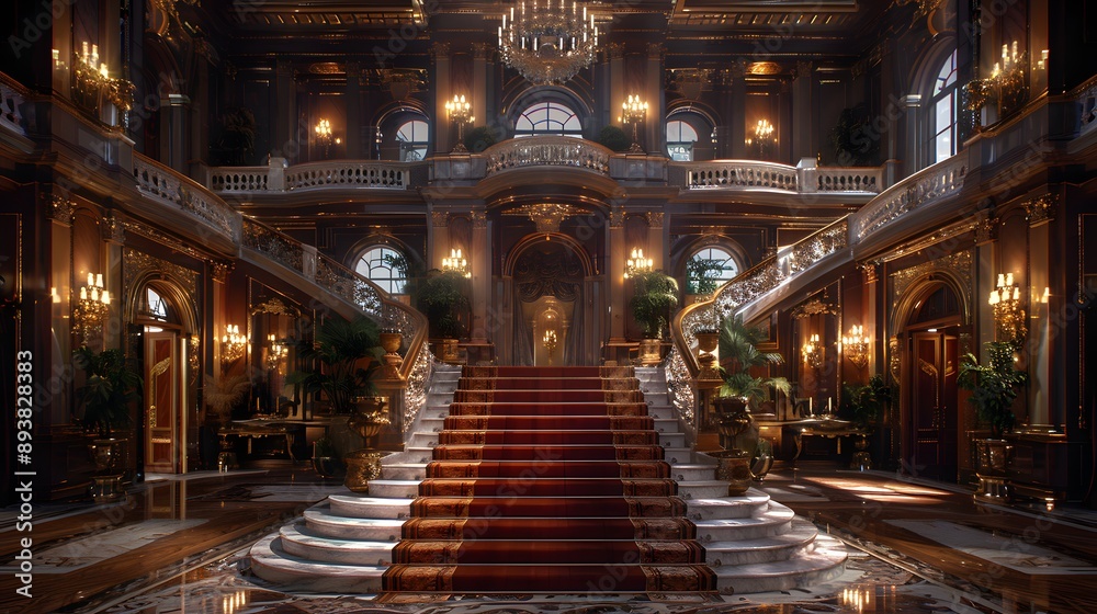 Fototapeta premium A grand and opulent interior of a luxurious mansion featuring a sweeping staircase, rich decor, and elegant chandeliers, capturing a sense of timeless elegance and sophistication.