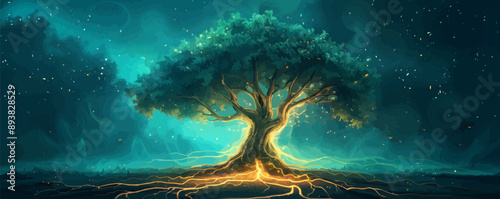 A mystical tree of life with swirling branches and glowing roots. Vector flat minimalistic isolated illustration.