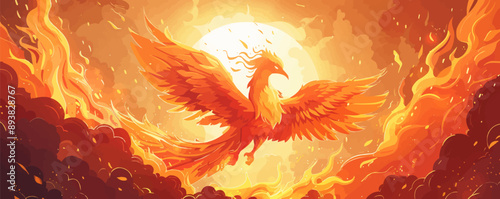 A majestic phoenix rising from the flames with outstretched wings. Vector flat minimalistic isolated illustration.