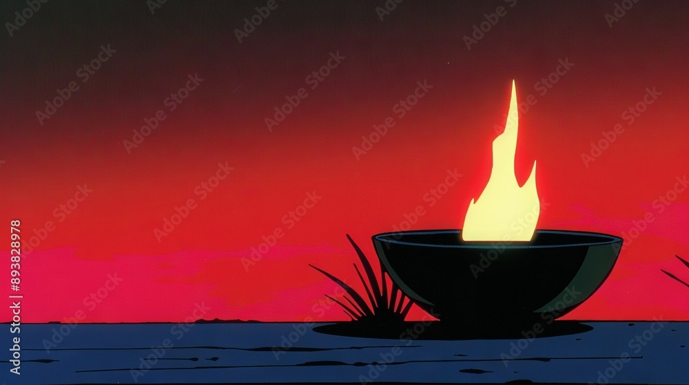 A painting of a bowl with a fire in the center on a red and black background surrounded by grass in the foreground A painting of a bowl with a fire in the center on a red and black background surrounded by grass in the foreground