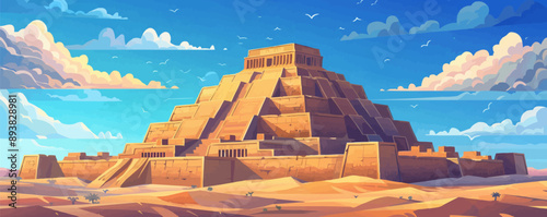 Ziggurat temple towering over the Mesopotamian plains. Vector flat minimalistic isolated illustration.