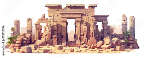 Ancient temple ruins with intricate carvings and statues Vector flat minimalistic isolated illustration