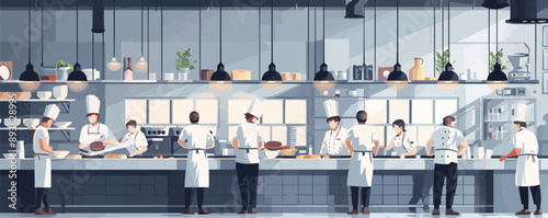 A busy restaurant kitchen with chefs cooking and servers bustling around. Vector flat minimalistic isolated illustration.