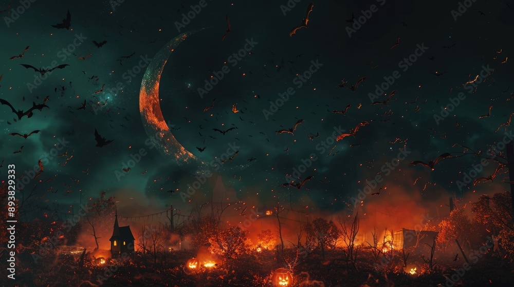 Halloween night with crescent moon, eerie bats, and glowing pumpkin patch, spooky atmosphere. Crescent moon black background halloween Halloween night with crescent moon, eerie bats, and glowing pumpkin patch, spooky atmosphere. Crescent moon black background halloween