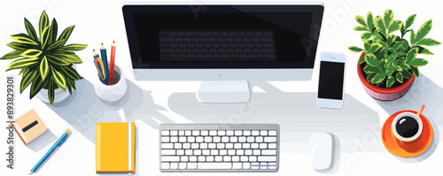 Office desk with computer keyboard and mouse on a white background. Vector flat isolated illustration.