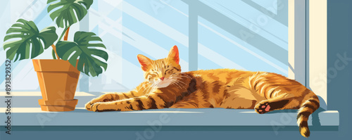 Tabby cat lounging on a sunlit windowsill. Vector flat minimalistic isolated illustration.