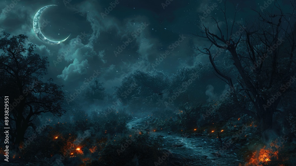 Fototapeta premium Ominous Halloween night with crescent moon above dark forest, path to mysterious glowing light. Crescent moon black background halloween