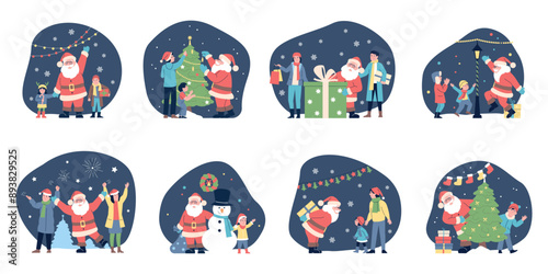 Santa claus and children. Congratulating new year and christmas. Winter holidays activities with funny santa family friends, recent vector scenes